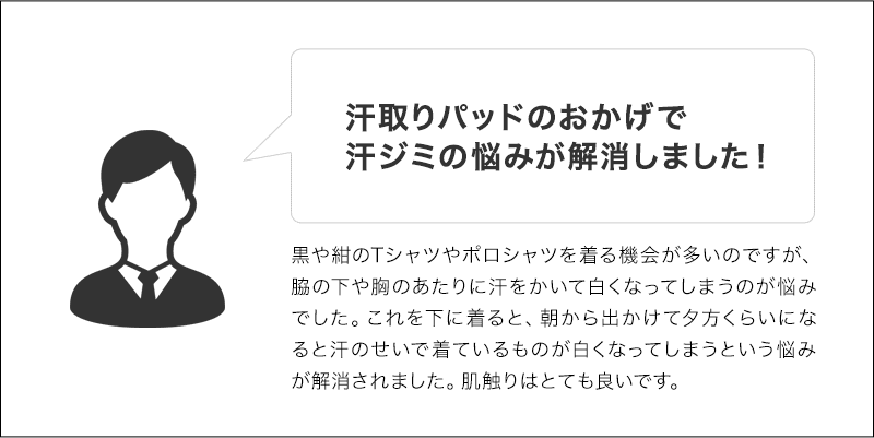 【購入商品】 品番：YV1578P（汗取りパッド付スリーブレス） 汗取りパッドのおかげでシャツが白くなる悩みが解消しました！！黒や紺のTシャツやポロシャツを着る機会が多いのですが、脇の下や胸のあたりに汗をかいて白くなってしまうのが悩みでした。これを下に着ると、朝から出かけて夕方くらいになると汗のせいで着ているものが白くなってしまうという悩みが解消されました。言われないとわからないくらい自然に着ることができます。肌触りはとても良いです。