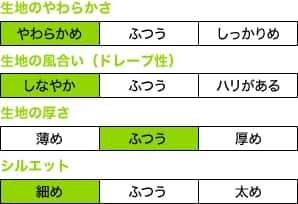 生地のやわらかさ やわらかめ 生地の風合い（ドレープ性） しなやか 生地の厚さ ふつう シルエット 細め