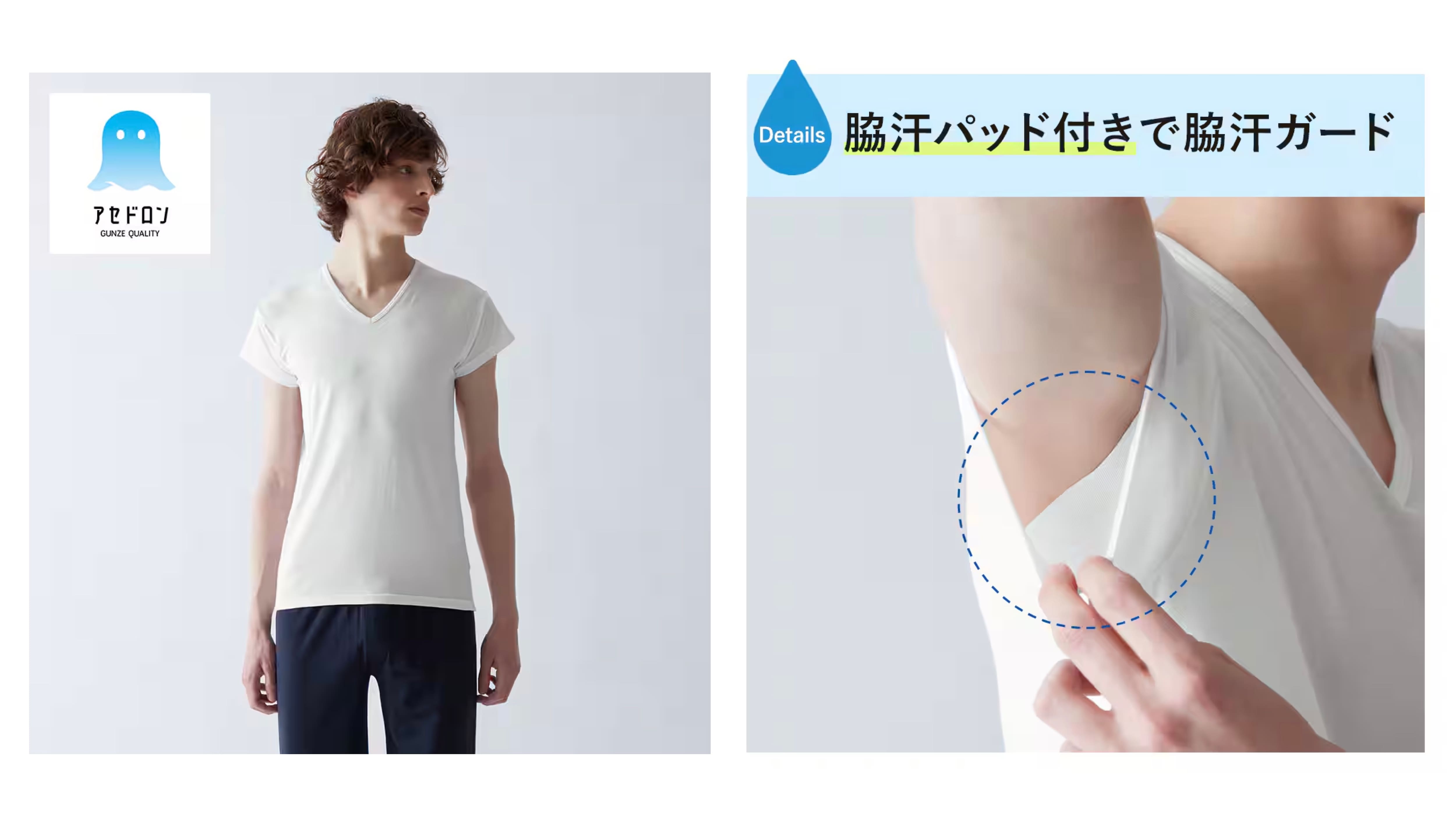 【アセドロン】VネックTシャツ(汗取りパッド付き)(短袖)