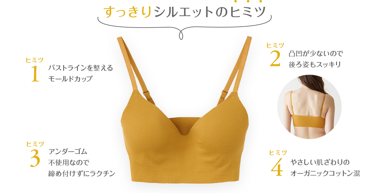 すっきりシルエットのヒミツ バストラインを整えるモールドカップ 凸凹が少ないので後ろ姿もスッキリ アンダーゴム不使用なので締め付けずにラクチン やさしい肌ざわりのオーガニックコットン混