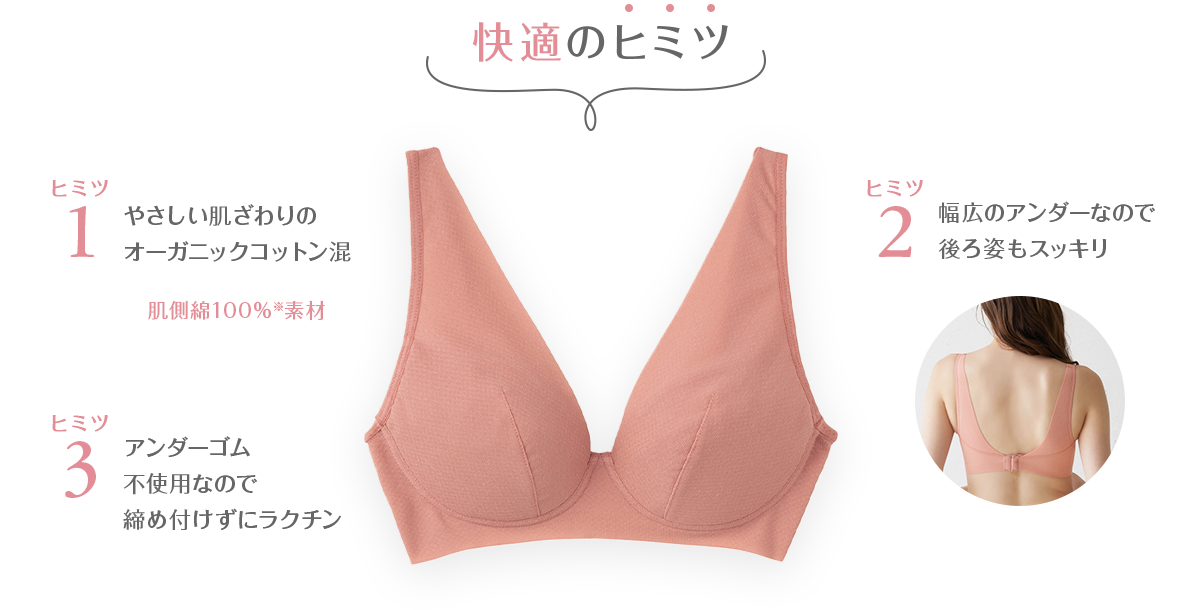 快適のヒミツ やさしい肌ざわりのオーガニックコットン混 肌側面100％素材※ 幅広のアンダーなので後ろ姿もスッキリ アンダーゴム不使用なので締め付けずにラクチン