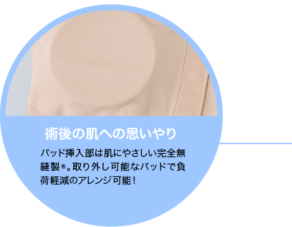 術後の肌への思いやり パッド挿入部は肌にやさしい完全無縫製®。取り外し可能なパッドで負荷軽減のアレンジ可能！