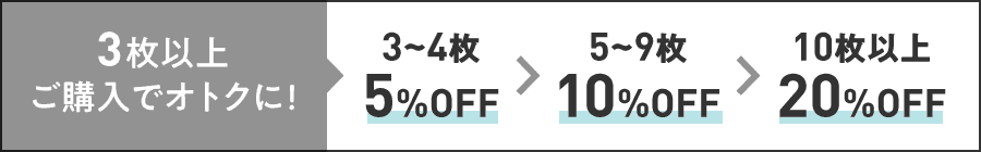 3～4枚購入で5%OFF 5～9枚購入で10%OFF 10枚以上購入で20%OFF