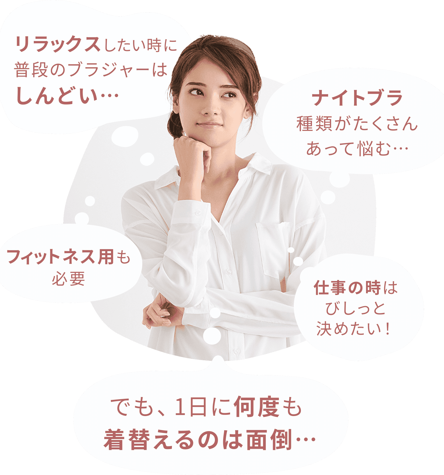 リラックスしたい時に普段のブラジャーはしんどい…　ナイトブラ種類がたくさんあって悩む…　仕事の時はびしっと決めたい！　フィットネス用も必要　でも、1日に何度も 着替えるのは面倒…