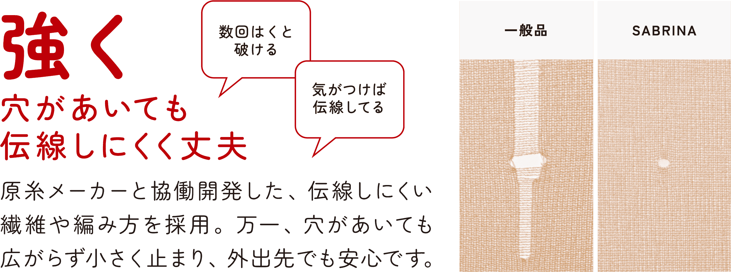強く 穴があいても伝線しにくく丈夫 数回はくと破ける 気がつけば伝線してる 原糸メーカーと協働開発した、伝線しにくい繊維や編み方を採用。万一、穴があいても広がらず小さく止まり、外出先でも安心です。一般品 SABRINA