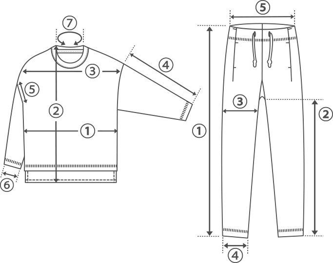 スウェット 長袖 長パンツ サイズ表図
