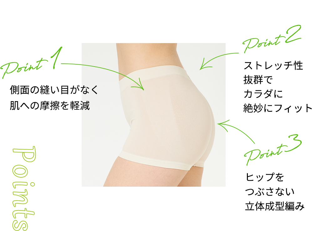 側面の縫い目がなく肌の摩擦を軽減 ストレッチ性抜群でカラダに絶妙にフィット ヒップをつぶさない立体成型編み