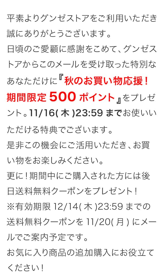 『秋のお買い物応援！期間限定500ポイント』をプレゼント。11/16(木)23:59までお使いいただける特典でございます。