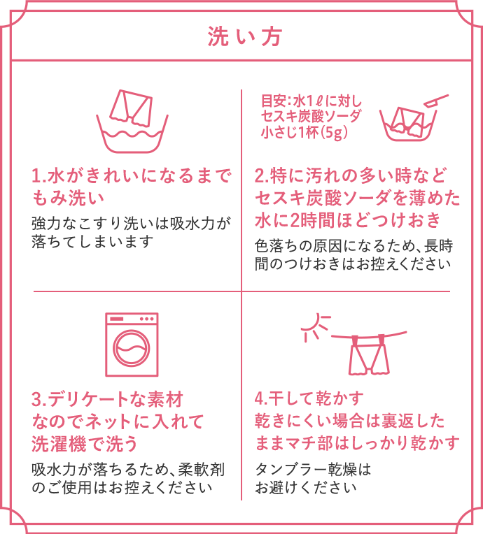 洗い方 1.水がきれいになるまでもみ洗い。 2.特に汚れの多いときなどセスキ炭酸ソーダを薄めた水に2時間ほどつけおき。 3.デリケートな素材なのでネットに入れて洗濯機で洗う。 4.干して乾かす乾きにくい場合は裏返したままマチ部はしっかり乾かす。
