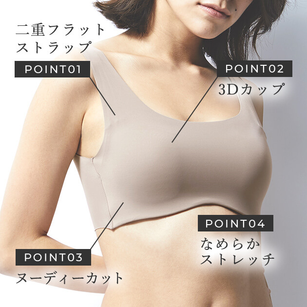 POINT01：二重フラットストラップ POINT02：3Dカップ POINT03：ヌーディーカット POINT04：なめらかストレッチ